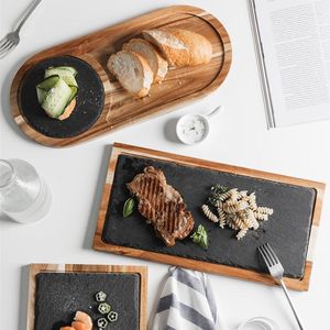 Assiettes planche en bois naturel avec plateau en pierre d'ardoise Cuisine Sushi BBQ plaque Pad Steak Dessert gâteau cuisine plat Restaurant fournitures