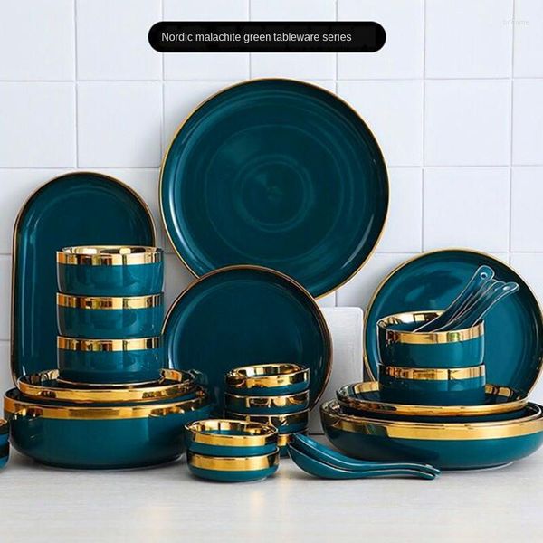 Assiettes Nordic Abordable De Luxe Or Bordé En Céramique Vaisselle Bol Plat Assiette Haut De Gamme Grand-Mère Vert Maison Steak Quotidien