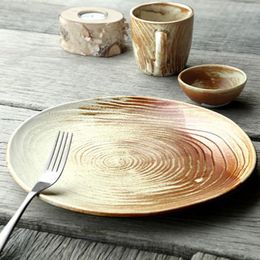 Assiettes à Steak en céramique d'art nordique, plat de dîner créatif en Grain de bois, maison Style Simple occidental