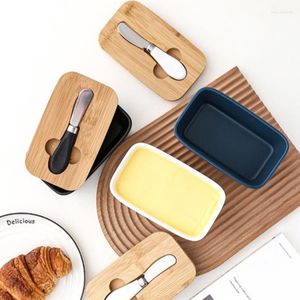 Assiettes Nordic Butter Sealing Box Plat Assiette En Céramique Avec Couvercle Et Couteaux Ensemble Fromage Plateau De Stockage Conteneur