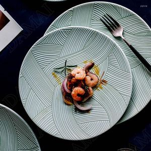 Assiettes nordique en céramique moderne sous glaçure assiette ronde gravée à la main El Restaurant plateau de service ustensiles de cuisine à domicile