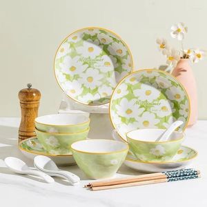 Assiettes nordiques créatifs plats frais en céramique vert blanc fleur impression vaisselle ménage riz bol assiette fruits