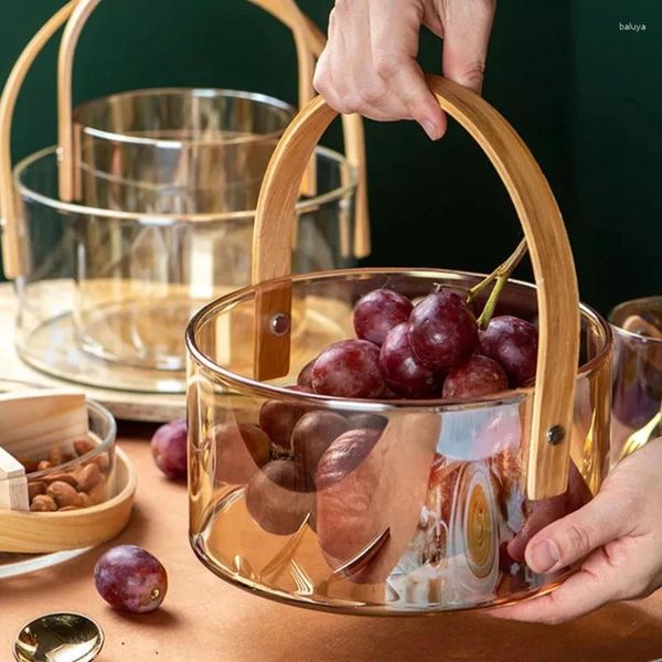 Platos Plato de vidrio nórdico Fruit de fruta Transparente Bucket de hielo Bowl Bowl Canasta de almacenamiento para el hogar con mango de madera