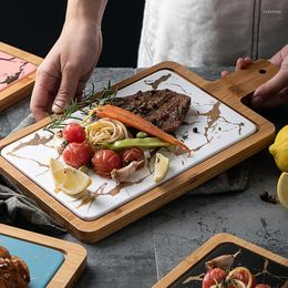 Assiettes nordiques en céramique avec Texture de marbre doré, plat à Steak rond occidental, plateau carré à Dessert, couverts de cuisine