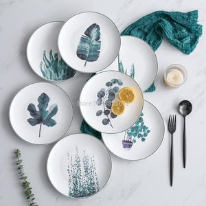 Platos de cerámica de planta verde nórdica, plato de 8 pulgadas, bistec de desayuno Simple, bandeja creativa occidental El Dim Sum