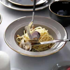 Borden Nordic Home Keramische Bordenset Gouden Rand Spaghetti Strohoed Schijf Salade Biefstuk Ronde Schotel Soep Diepe Schotel Westers Dinerblad