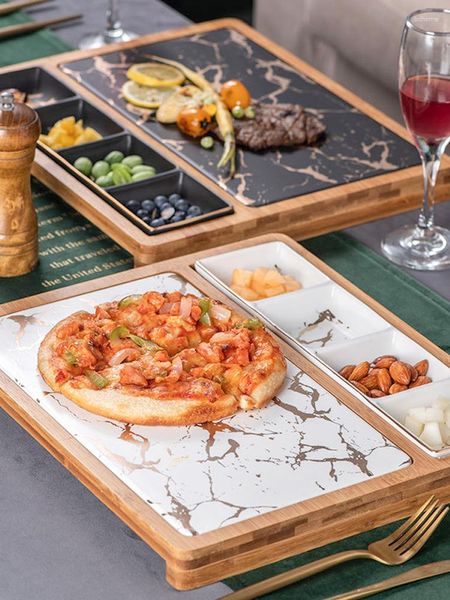 Platos Nordic Restaurant Pizza Snack Plate Square Cerámica Creative Marble Gold Western con filete de cuadrícula