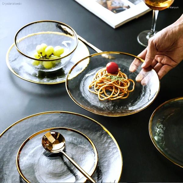 Assiettes Nordic Style Gold Rim Glass Dîner Assiette de dessert de desserts transparents Western Dish Creative Salad Tray Fruit Dingel