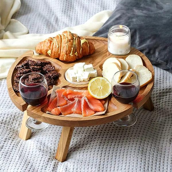 Assiettes en plein air Table à vin plage et support pique-nique pliant Portable assiette en bois plats porte-fruits