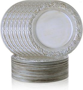 Assiettes blanches antiques, chargeur de Table en plastique gaufré de 13 pouces pour assiette à dîner, articles de serveur ronds décoratifs