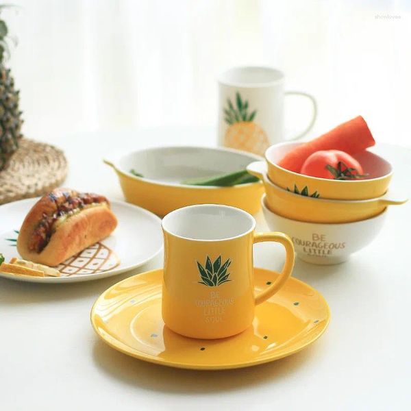 Assiettes ananas ensemble de vaisselle en céramique Double oreilles bol de riz cuit Steak assiette occidentale personnalité familiale tasse de petit déjeuner créative