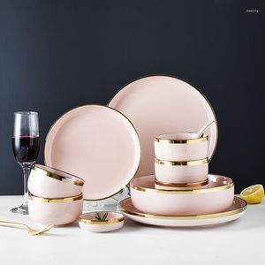 Borden roze keramisch dinerbord servies set cake salades soep kom el restaurant