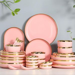 Borden roze met gouden inleg keramische set Noordse stijl serveergerechten voor diner luxueus porselein serviesgoed