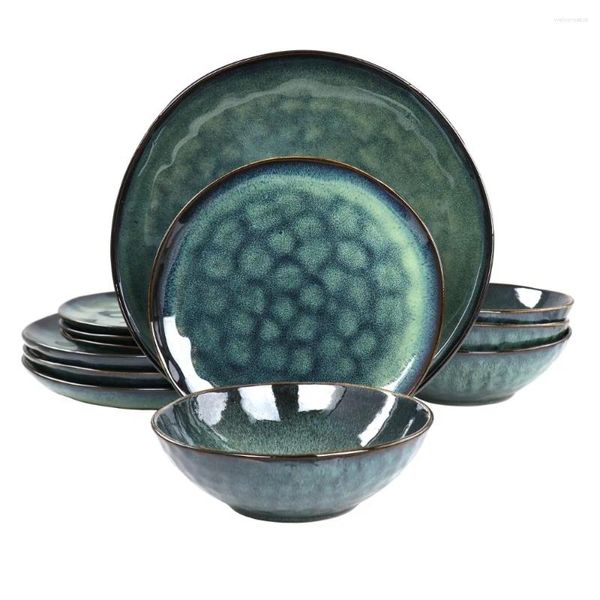 Assiettes assiette 12 pièces Stoare vaisselle ensemble en plat vert vaisselle de dîner ensembles plats en céramique à manger