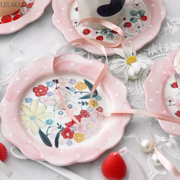 Assiettes à Dessert rose pour filles, plats en céramique, gâteau, collation, petit déjeuner, motif fraise, forme de fleur