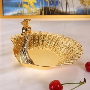 Platen Mooie Gouden Pauw Fruitschaal Luxe Zinklegering Lade Delicate Opslag Voor Snoep Trinket Sieraden Snack Serveren Home Decor