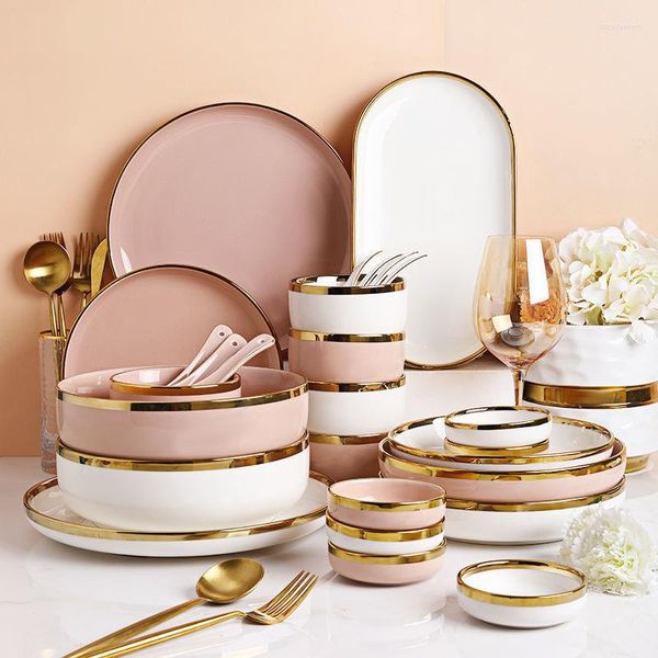 Assiettes de qualité blanc et rose avec incrustation d'or ensemble d'assiettes plateau à dîner Kit de vaisselle en céramique saladier vaisselle en porcelaine
