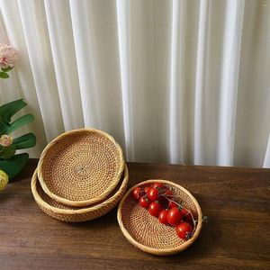 Assiettes plate-rotin plateau de fruits à main tissé élégant traditionnel de service naturel pour comptoir de cuisine rond