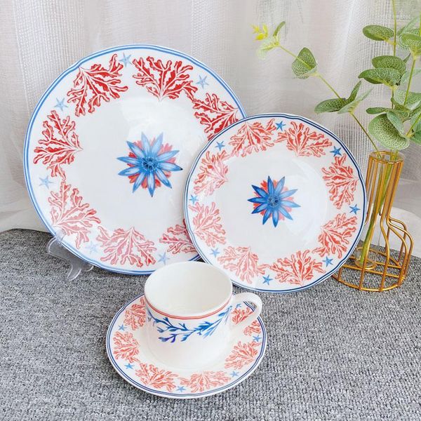 Assiettes Corail Rouge Vaisselle Os Chine Assiette De Cuisine Plateau Dis Vaisselle Café Tasse Soucoupe Thé Tasse Verres Pour Accessoires