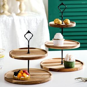 Assiettes Amovible En Bois Snack Plateau Assiette De Fruits Avec Poignée Double Triple Couches Sandwich Pain Cupcake Stand Thé Fournitures De Fête