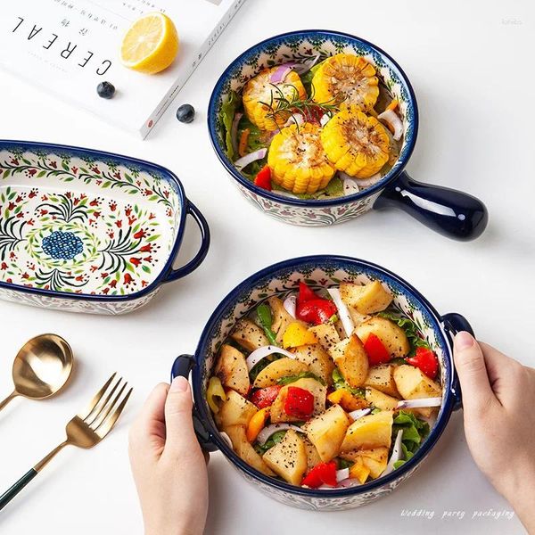 Assiettes rétro en céramique de pâturage en céramique maison salade peinte à la main Plaque de riz bol binaural pâle de cuisson cuisine
