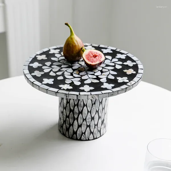 Assiettes rétro haut de gamme, coquille incrustée de plateau en bois à pieds hauts, ornements décoratifs de Table à Dessert créatifs pour support à gâteaux