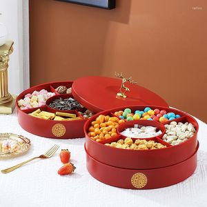 Assiettes tournantes assiette à collation ronde avec compartiments rouge fête apéritif plateau de service boîte à bonbons en plastique noix plateau conteneur