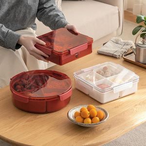 Assiettes rondes en plastique divisé plateau de service avec couvercle 4/5 plats individuels Snack plateaux conteneur de stockage