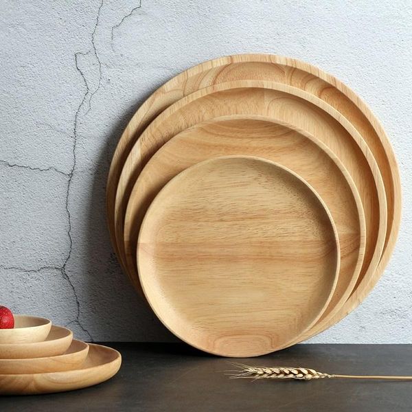 Assiettes rondes en bois, poêle japonaise en bois de caoutchouc, plats à fruits, soucoupe, plateau à thé, Dessert, dîner, pain