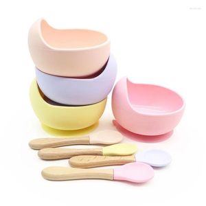 Assiettes Silicone grande ventouse bol pour enfants bébé formation alimentation vaisselle manche en bois cuillère auxiliaire