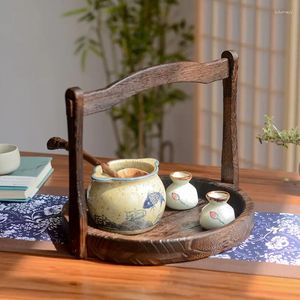 Assiettes en bois massif rétro panier de main chinois zen de thé zen accessoires