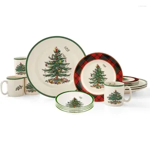 Assiettes Spode Ensemble de vaisselle tartan en forme d'arbre de Noël, service de vaisselle 16 pièces pour 4 dîners et salades, lavable au lave-vaisselle