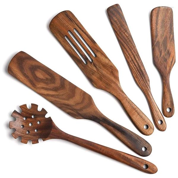 Juego de platos, utensilios de cocina de madera, utensilios de cocina de madera antiadherentes resistentes al calor y a la humedad de teca con colgante (5 uds.)