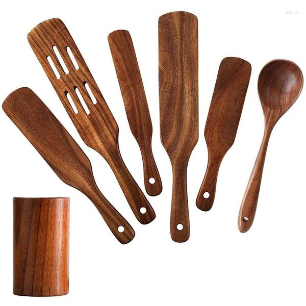 Ensemble d'assiettes de cuisine en bois, 7 pièces, ustensiles en teck naturel, résistant à la chaleur, ustensiles de cuisine en bois antiadhésifs