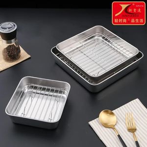 Assiettes en acier inoxydable Pan de boulangerie profonde de style japonais Bottom Bottor El Tray Square Drain avec couvercle Crisper Box