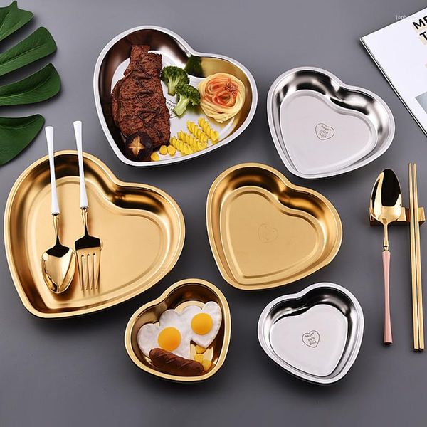 Platos de acero inoxidable con forma de corazón, bandeja decorativa, plato de joyería dorado y plateado, organizador de lápiz labial cosmético, plato de almacenamiento pequeño