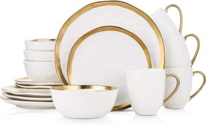 Assiettes en porcelaine Stone Lain (ensemble de 16 pièces), Service de table pour 4 assiettes de Service à bord blanc et doré