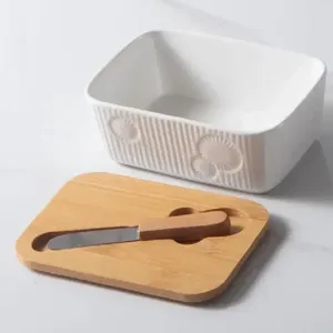 Assiettes plat de rangement petit bol Relief avec boîte de cuisine nordique couteau à beurre en bambou couvercle à fromage blanc en céramique