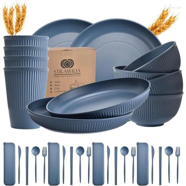 Assiettes STRAWRIA Service de table en paille de blé - 32 pièces Bleu Incassable Passe au micro-ondes et au lave-vaisselle Écologique Utilisation polyvalente