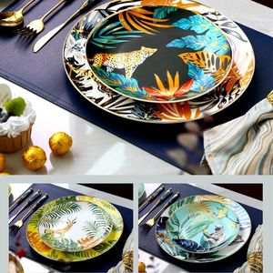 Assiettes Style forêt Animal tigre motif vaisselle os chine assiette en porcelaine avec bord doré plat occidental dîner en céramique