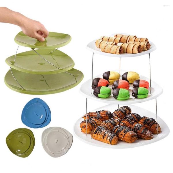 Assiettes Support à gâteaux à trois niveaux Pliable Snack Rack Pliant Cupcake Plateau de service à pâtisserie peu encombrant pour les fêtes de mariage Accueil