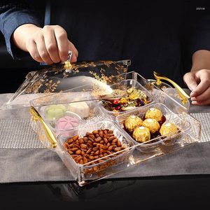 Assiettes Transparent Acrylique Fruits Secs Snack Assiette Rectangulaire 6 Carrés Compartiment Plateau Salon Bonbons Plateau Avec Couvercle