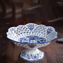 Platen onderglazuur blauw en wit porselein fruitbak Chinees klassiek uitgeholde hoge voet cake dessert bord afternoon tea -tabelwerk