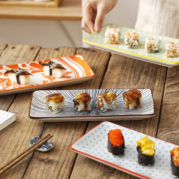 Assiettes en céramique de couleur sous glaçure, vaisselle rectangulaire de Restaurant Sushi maison Dessert gâteau plateau plat 25x12CM assiette longue