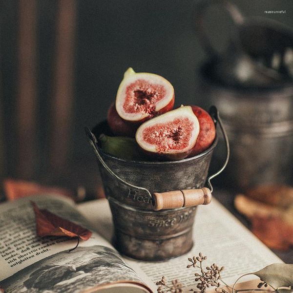 Assiettes Vintage fer poignée seau métal rétro anglais impression forgé baril fleur Vase Pot baignoire décoration de la maison Pographie