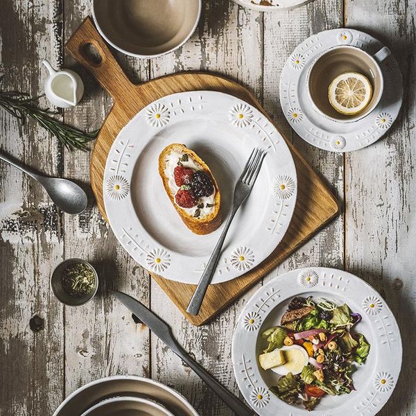 Assiettes Vintage Relief Poterie Marguerite Vaisselle En Céramique Tasses Steak Repas Bols Soupe Petit Déjeuner Légumes