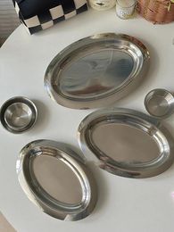 Platos platos vintage acero inoxidable plato ovalado desayuno ensalada de pan disco disco redondo de platillo de platillo tráfico de platos bandeja