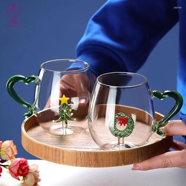 Platos Taza De Agua Lindo Muñeco De Nieve Tridimensional Vidrio Árbol De Navidad Vaso Juego De Beber Dibujos Animados Creativos Con Mango Jugo Taza De Leche