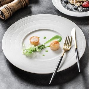Borden Westers Restaurant Frans Plaatsen Eenvoudig Geborsteld Dessert Platte Biefstuk Hoofdmaaltijd Bord Tekening Servies