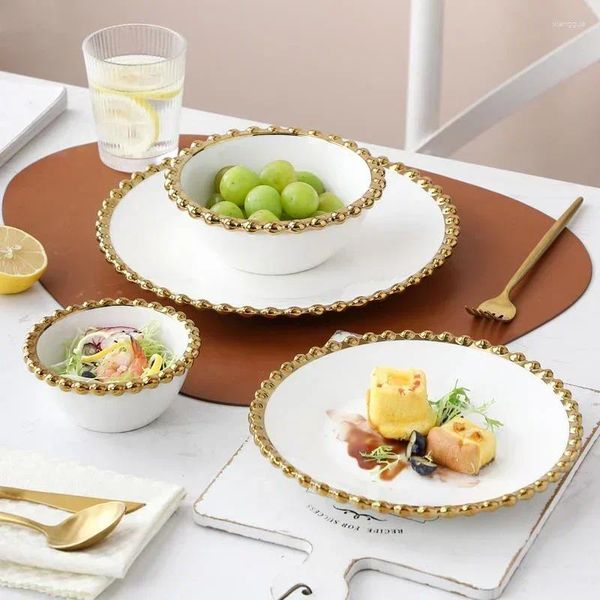 Platos de cerámica blanca juego de vajilla en casa la redonda de la redonda y sopa de sopa Party para bodas Siring platos con borde dorado